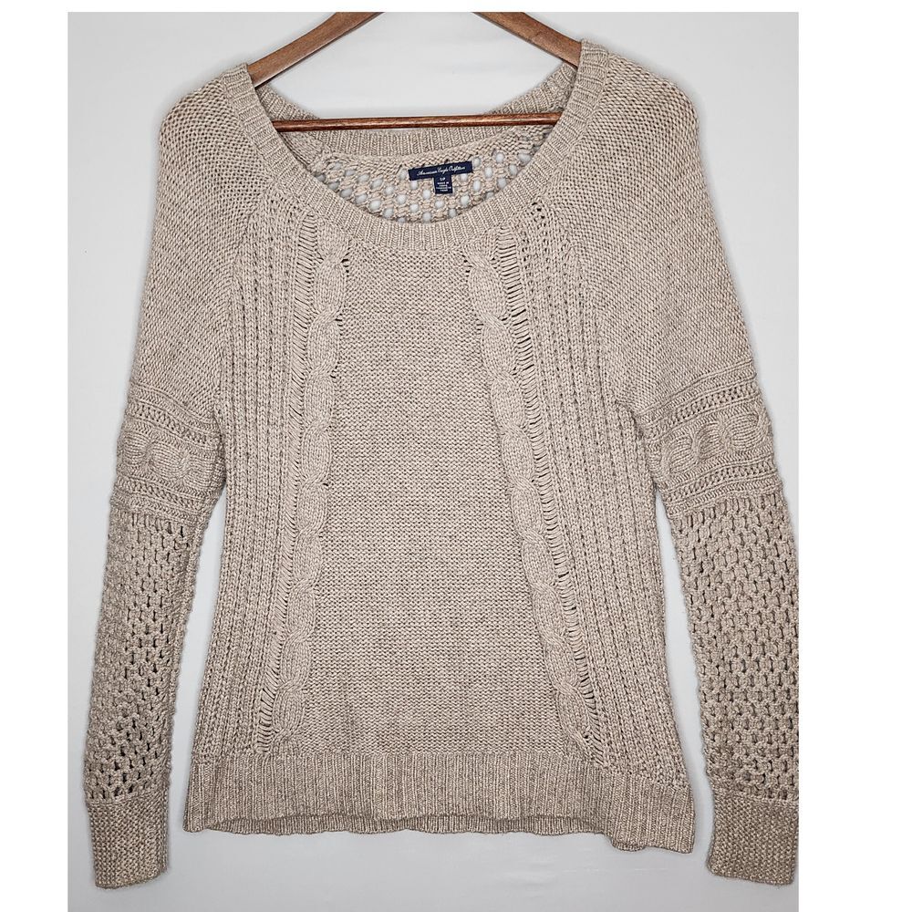 American Eagle Womans Cable Knit Sweater‎ Small Oatmeal Open Knit Back